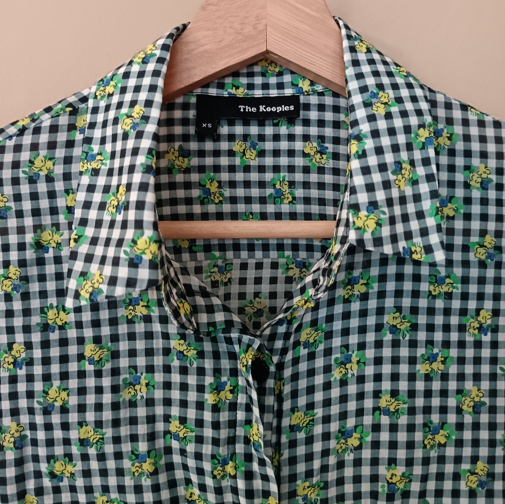 The Kooples Black and White Checkered Shirt with Green Floral Accents